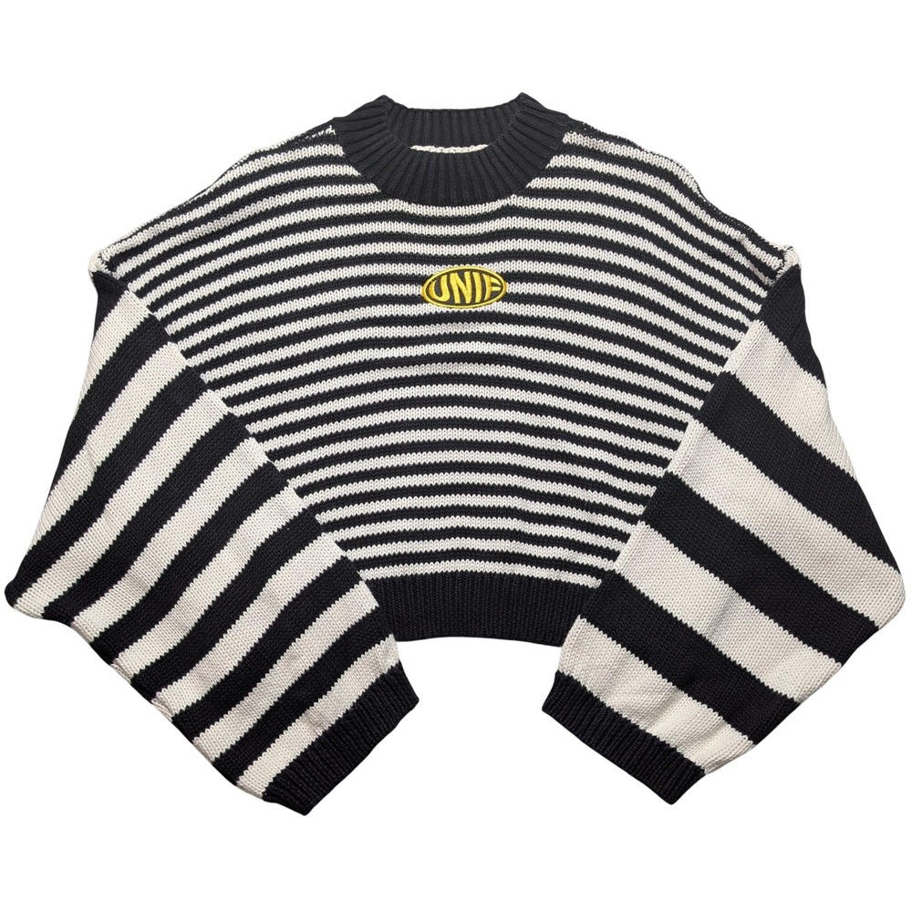UNIF Clarissa Black White Striped Embroidered Logo Oversized Sweater Size Large
